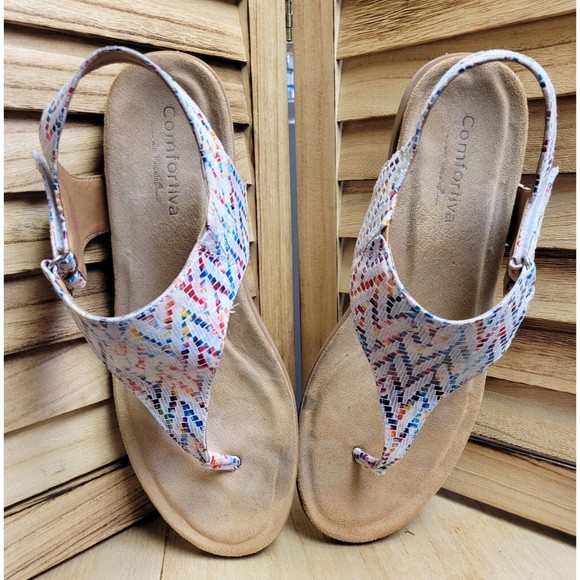 Comfortiva Shoes - Comfortiva Calina White Multi Thong Wedge Sandal Women's Sleek Adj Strap 10W